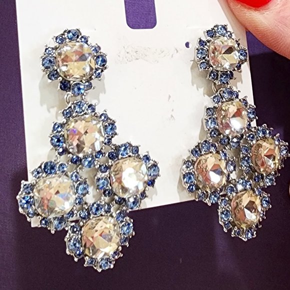 NWT Charter Club Blue White Dramatic Rhinestone Dangle Party Pierced Earrings - Picture 5 of 10